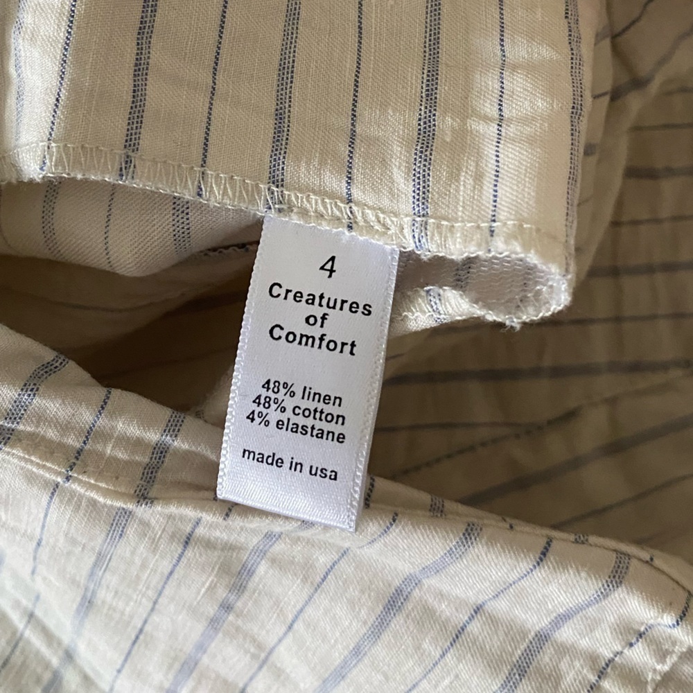 Creatures of Comfort- Highwaisted Ivory Trousers with pale Thin Blue Pinstripes - Picture 2 of 6